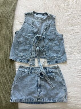 SHEIN Light Blue Denim Vest and Mini Skirt Set